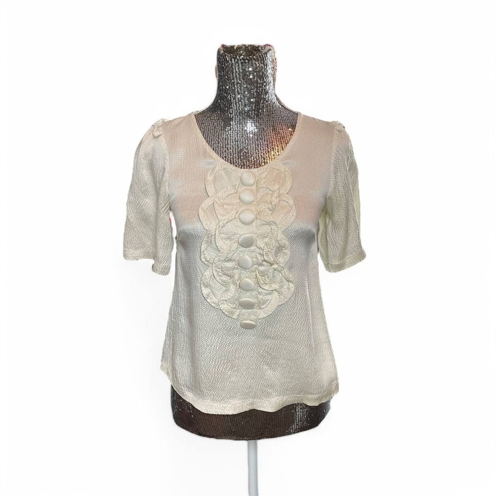 Cottagecore Puff Sleeve Button Front Blouse XS Coquette Romantic Ivory Casual
